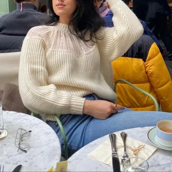 Zara Cream Sweater with Sheer Lace Yoke - Picture 7 of 7